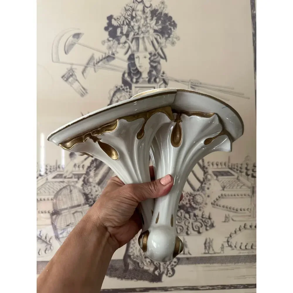Vintage Italian Hollywood Regency Style Gilt Porcelain Brackets Shelves sconces
